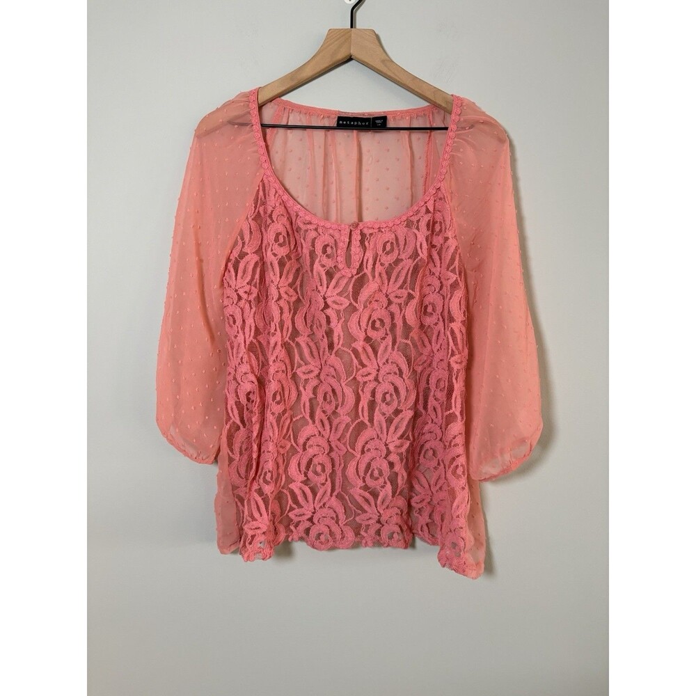 Metaphor Sheer Blouse Womens Large Pink 100% Polyester 3/4 Sleeve